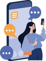 Hand Drawn Female character talking with smartphone in online communication concept in flat style vector