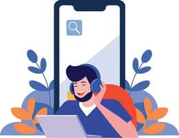 Hand Drawn Call center characters with smartphones in the concept of online support in flat style vector