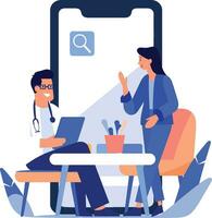 Hand Drawn Doctor and patient characters with smartphone in online medicine concept in flat style vector