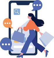 Hand Drawn Female character holding a gift with smartphone in online shopping concept in flat style vector