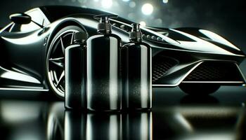 Close-up shot of sleek car care product bottles in distinctive glossy black and metallic silver design colors, indicating their premium quality.. Generative AI photo