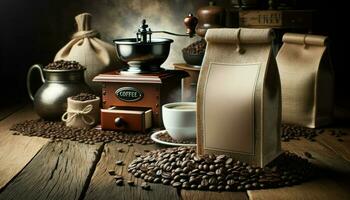 Close-up photo of blank rustic coffee bean bags prominently displayed in the foreground, adopting a roast brown and burlap texture palette.. Generative AI