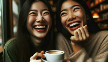 a close-up shot of two women, one of East Asian descent and the other of African descent, laughing heartily as they share an inside joke. Generative AI photo