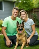 un Pareja abrazando su perro. generativo ai foto