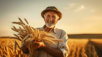 Old farmer standing in his field and holding wheat in his hands. Generative AI photo