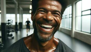 un hombre con un sonrisa en un gimnasia, exhibiendo su aptitud rutina.. generativo ai foto