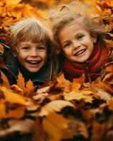 Two joyful kids, their faces beaming, surrounded by vibrant autumn leaves, creating a picturesque moment of pure happiness.. Generative AI photo