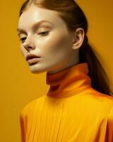 A woman wearing an orange dress and sporting a long ponytail, exuding elegance and style.. Generative AI photo