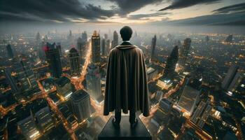 Wide shot of a businessman wearing a cloak, standing on the roof of a skyscraper, looking out over the sprawling city below.. Generative AI photo