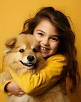 Smiling little girl hugging her dog in front of orange background. Generative AI photo