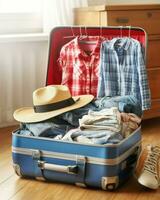 Clothes and hat in an open suitcase prepared for travel. Generative AI photo