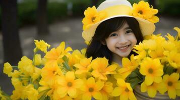 un alegre joven niña con un sombrero, rodeado por amarillo flores.. generativo ai foto