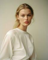 A vision of simplicity and grace, a woman wears a white sweater, epitomizing effortless style.. Generative AI photo