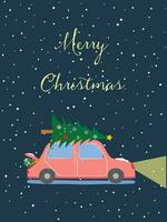 Navidad saludo tarjeta plano vector en dibujos animados estilo. coche con regalos y Navidad árbol en Nevado antecedentes. alegre Navidad concepto