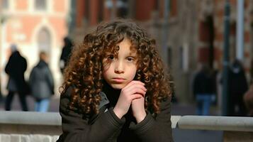 un niña con Rizado pelo reflexionando mientras descansando su barbilla en su mano.. generativo ai foto