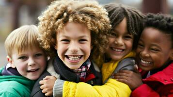 el fotografía de diferente grupos de niños representa su armonía, alegría, momentos de jugar y descubrimiento.. generativo ai foto