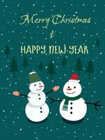 Christmas greeting card flat vector in cartoon style. Cute snowman in bucket, mittens and scarf illustration on snowy background. Merry Christmas concept