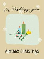 Christmas greeting card flat vector in cartoon style. Candles and mistletoe on snowy background. Merry Christmas concept