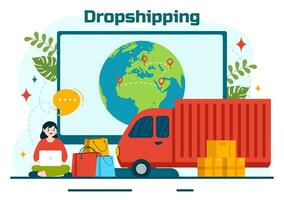 Dropshipping Business Vector Illustration with Businessman Open E-commerce Website Store and Let Supplier Ship Product in Flat Cartoon Background