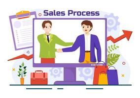 Sales Process Vector Illustration with Steps of Communication for Attracting New Customers and Making profit in Business Strategy Flat Background