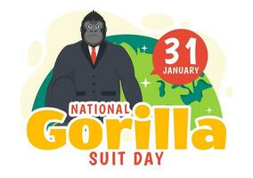 National Gorilla Suit Day Vector Illustration on 31 January with has the Head of a Gorillas is Dressed Neatly in a Suits and World Map in Background