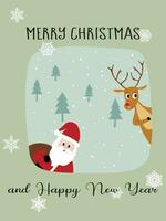 Christmas greeting card flat vector in cartoon style. Santa Claus and reindeer and pine trees on snowy background. Merry Christmas concept