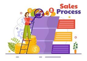 Sales Process Vector Illustration with Steps of Communication for Attracting New Customers and Making profit in Business Strategy Flat Background