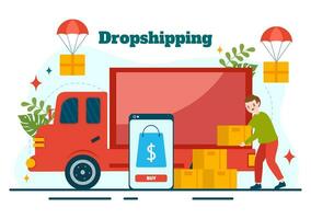 Dropshipping Business Vector Illustration with Businessman Open E-commerce Website Store and Let Supplier Ship Product in Flat Cartoon Background