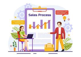 Sales Process Vector Illustration with Steps of Communication for Attracting New Customers and Making profit in Business Strategy Flat Background