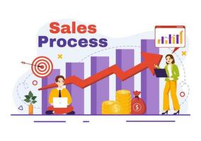 Sales Process Vector Illustration with Steps of Communication for Attracting New Customers and Making profit in Business Strategy Flat Background