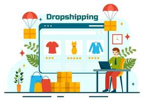 Dropshipping Business Vector Illustration with Businessman Open E-commerce Website Store and Let Supplier Ship Product in Flat Cartoon Background