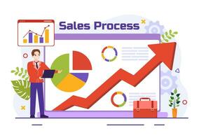 Sales Process Vector Illustration with Steps of Communication for Attracting New Customers and Making profit in Business Strategy Flat Background