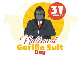 nacional gorila traje día vector ilustración en 31 enero con tiene el cabeza de un gorilas es vestido pulcramente en un trajes y mundo mapa en antecedentes
