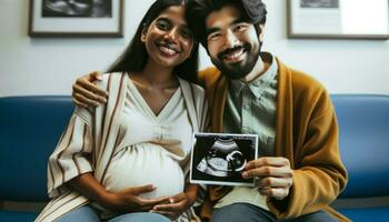 Close-up of a diverse couple in a hospital waiting room. The woman of South Asian origin is visibly pregnant and the man of indigenous origin is holding an ultrasound photo of their baby Generative AI
