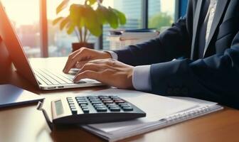 Accountant working on desk using calculator to calculate financial report in office business accounting finance concept AI Generated photo