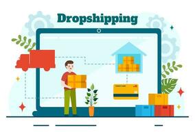 Dropshipping Business Vector Illustration with Businessman Open E-commerce Website Store and Let Supplier Ship Product in Flat Cartoon Background