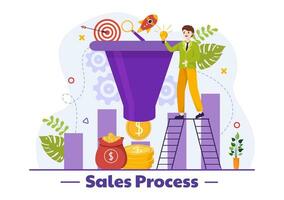 Sales Process Vector Illustration with Steps of Communication for Attracting New Customers and Making profit in Business Strategy Flat Background