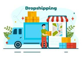 Dropshipping Business Vector Illustration with Businessman Open E-commerce Website Store and Let Supplier Ship Product in Flat Cartoon Background