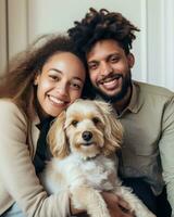 A happy couple hugging their dog. Generative AI photo