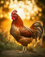 Close-up photo of a rooster in the early morning light. Generative AI