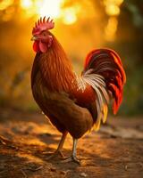Close-up photo of a rooster in the early morning light. Generative AI
