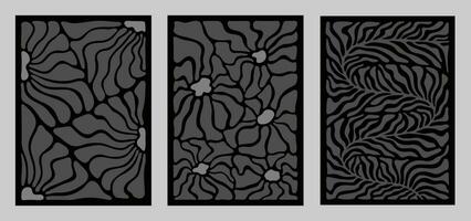 Groovy abstract flower art set. Organic floral doodle shapes in trendy naive retro hippie 60s 70s style. Botanic vector illustration in blue color. Curves aestethic. Long curved stem with leaves.