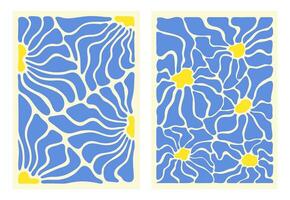 Groovy abstract flower art set. Organic floral doodle shapes in trendy naive retro hippie 60s 70s style. Botanic vector illustration in blue and yellow color. Curves aestethic.