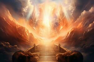 Stairway to heaven with light rays and clouds. 3D rendering Ai generative photo