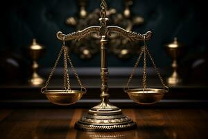 Law and justice concept. Scales of justice on wooden table. Ai generative photo