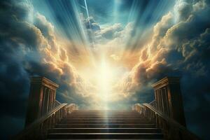 Stairway to heaven with light rays and clouds. 3D rendering Ai generative photo