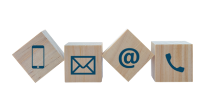 wooden block cube with telephone, email, address icon isolated on transparent background. Concept of contact us or customer support theme png