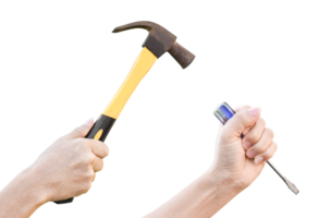 Male hands working with old rusty hammer and flat screwdriver isolated on transparent background png