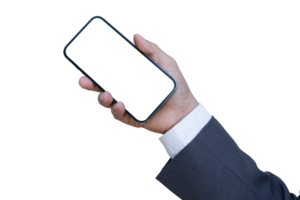 Businessman hand holding smartphone with blank transparent screen and background- PNG format.