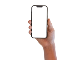 Hands holding smartphone isolated on transparent background - PNG format.